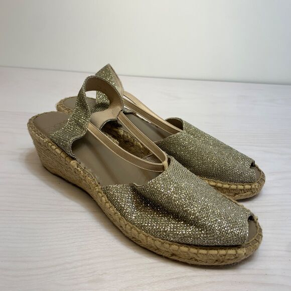 Andre Assous Espadrille Wedge Sandal Women's Size 9 SIlver Slip On Glitter - Picture 1 of 9